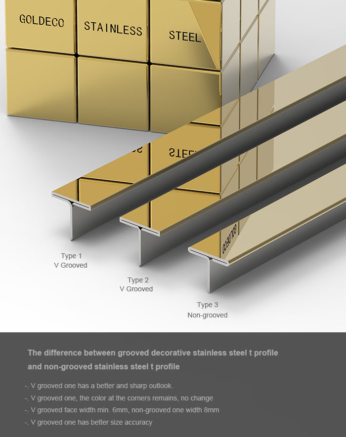 The difference between grooved decorative stainless steel t profile and non-grooved stainless steel t profile. The difference between grooved decorative stainless steel t profile and non-grooved stainless steel t profile.