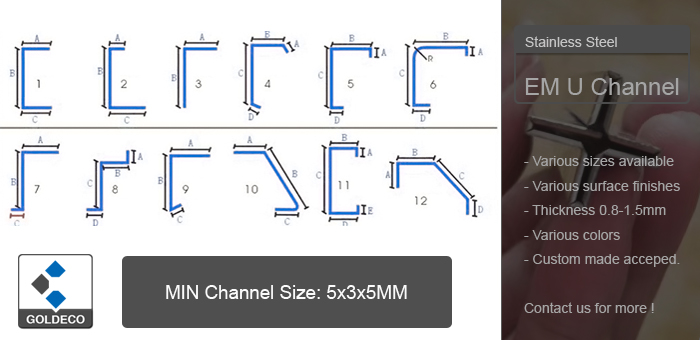 Stainless steel channel in a wide variety of shapes, widths and wall heights